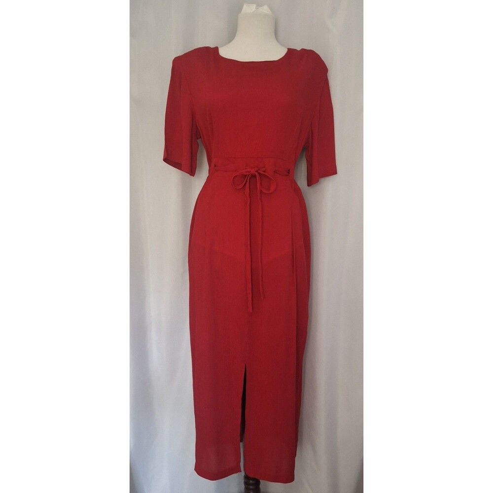 Vtg 80s Alix Taylor NY red self belted Midi dress office siren 12